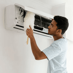 Technician maintaining an AC unit