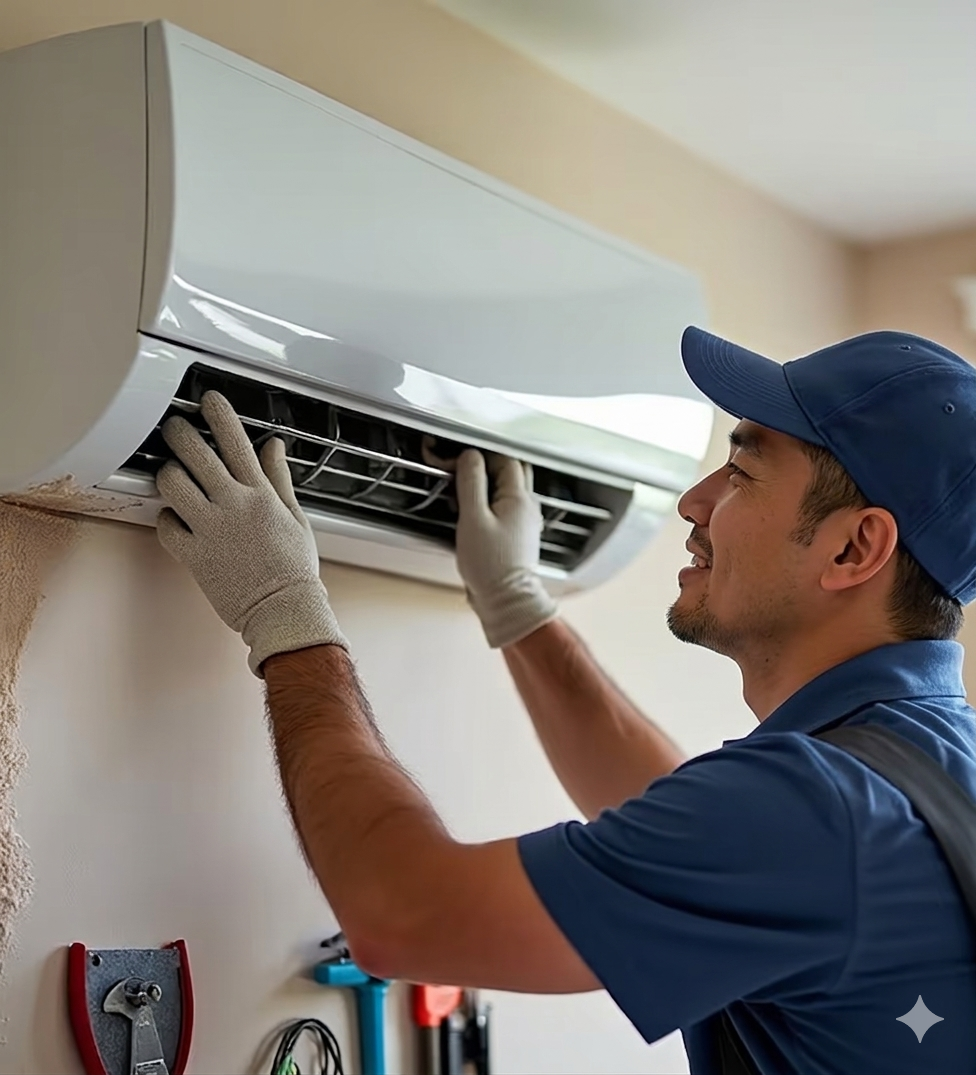 Kanzal Najam technician repairing an AC unit