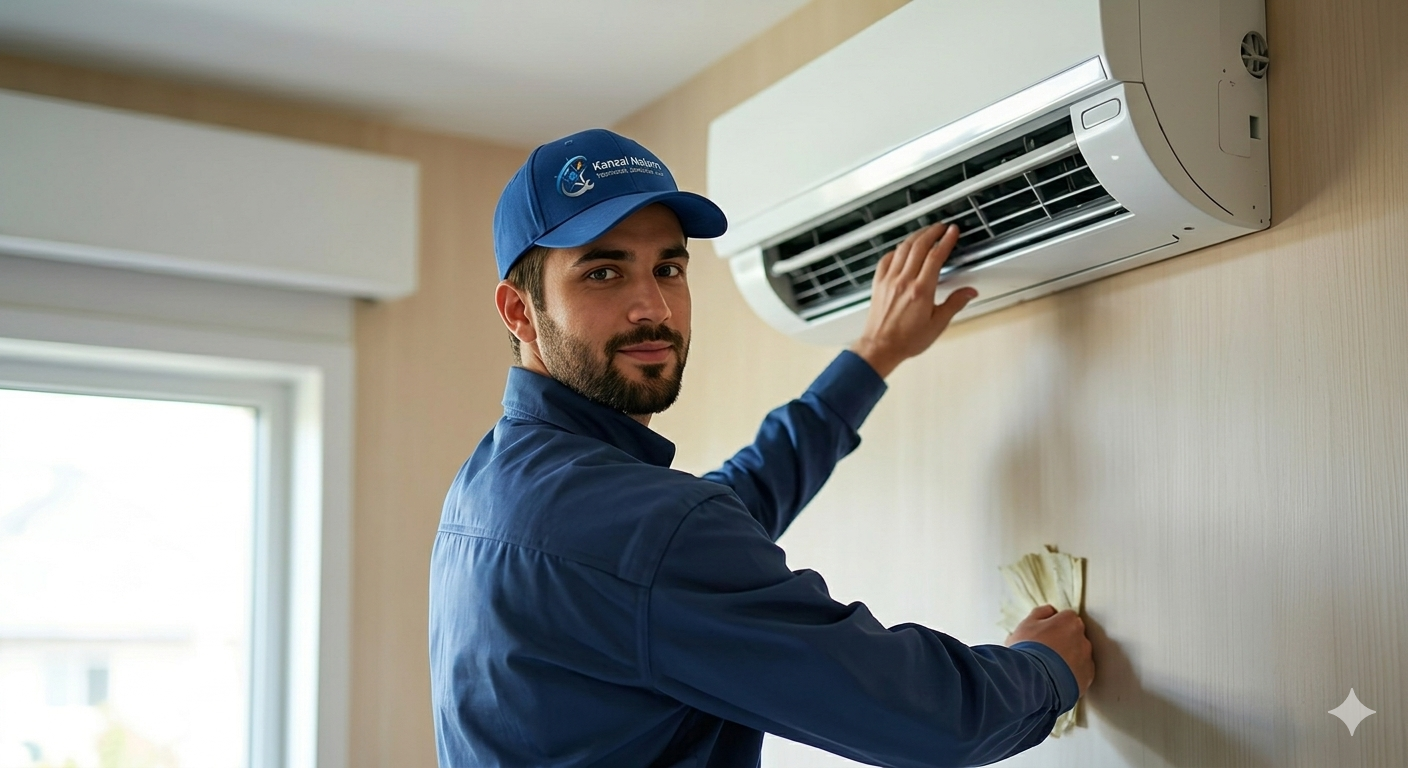 Kanzal Najam technician installing an air conditioner
